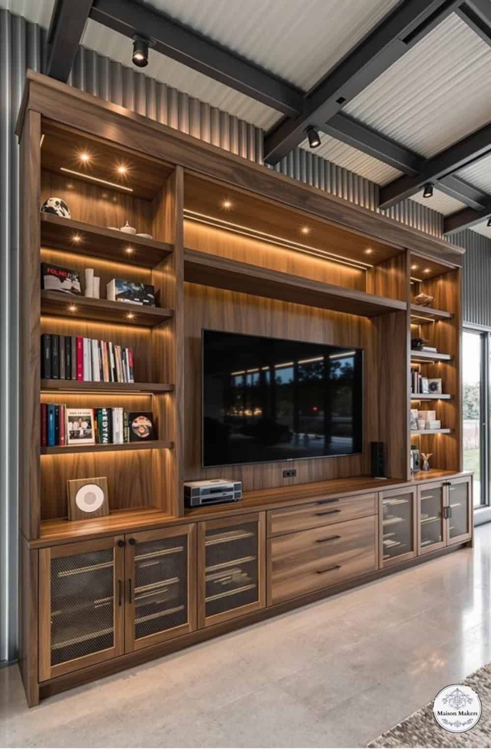 Wooden entertainment center with shelves, lights, TV, and cabinets against a paneled wall.