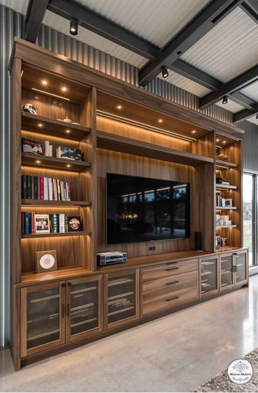 Wooden entertainment center with shelves, lights, TV, and cabinets against a paneled wall.