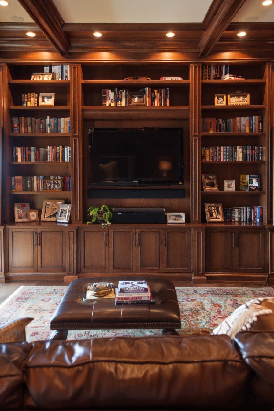 Built-in wooden bookcase with TV, books, and photos; leather couch and ottoman in a living room.