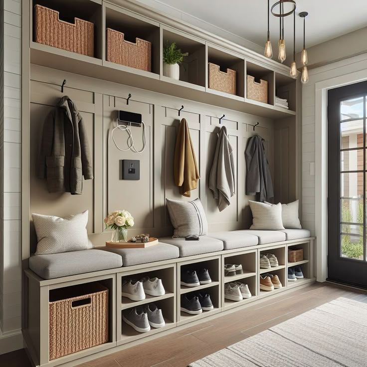 Hallway storage unit with beige paneling, shoe cubbies, coat hooks, and built-in bench.