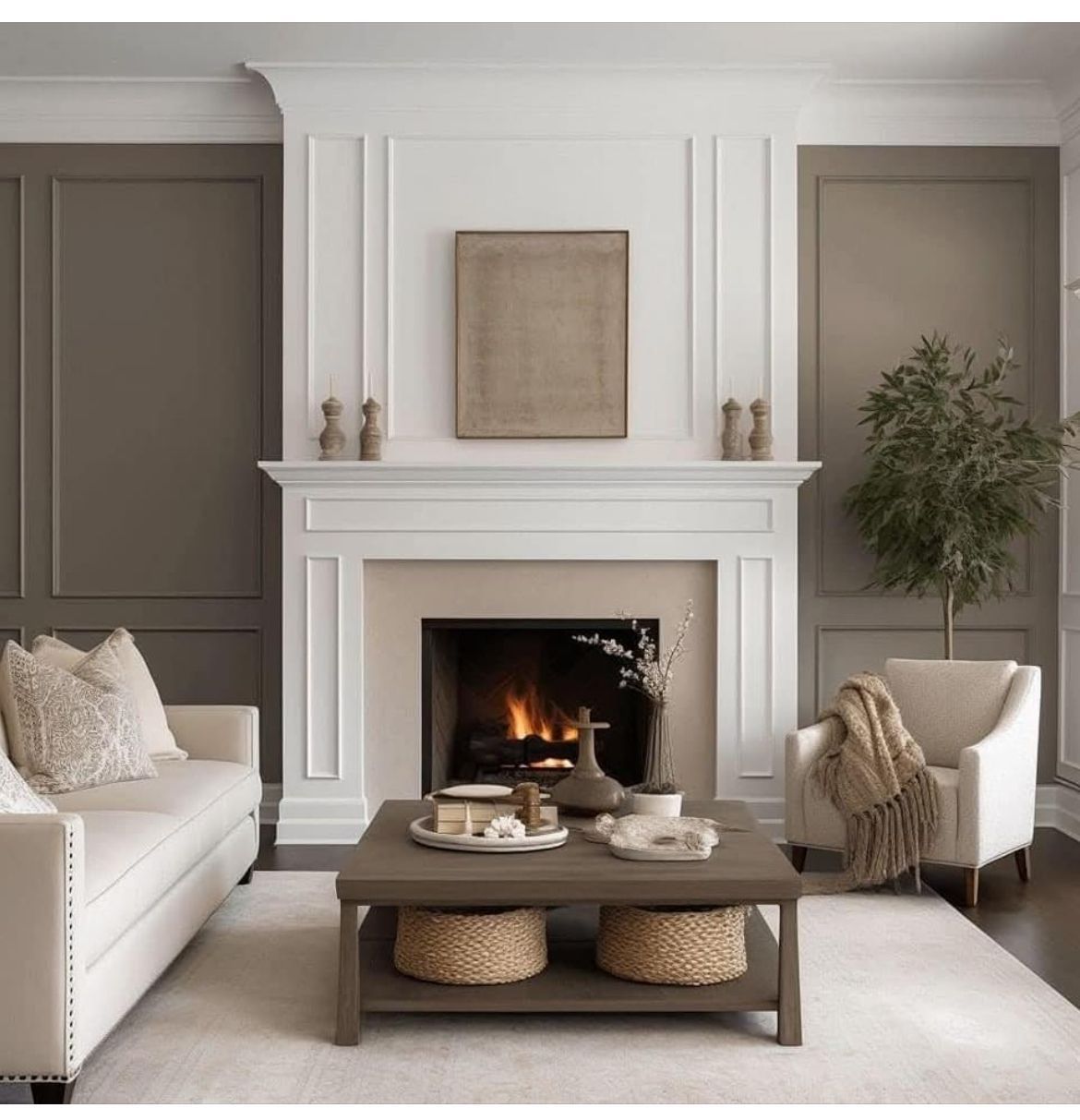 Living room with fireplace, white sofa, gray accent wall, and coffee table.