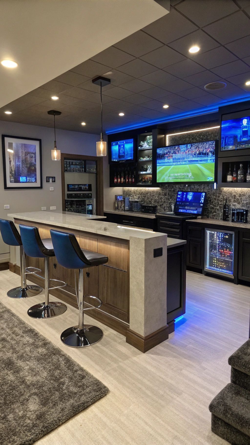 Finished basement bar with TVs, stools, and liquor displays. Dark cabinets, blue lighting, and wood accents.
