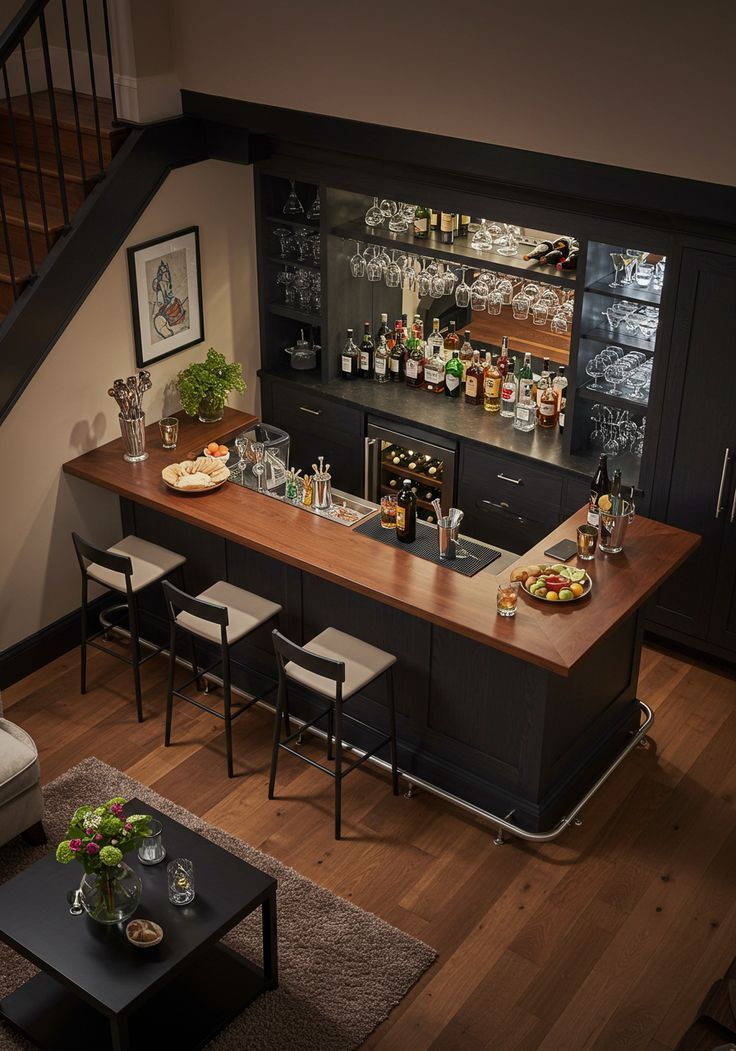 High-angle shot of a home bar with stools. Dark wood bar with liquor, bottles, and mirror.