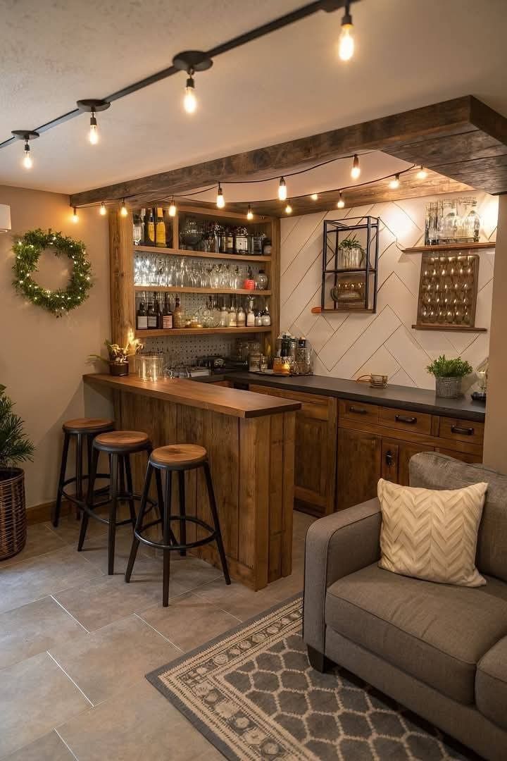 Rustic basement bar with stools, bottles, string lights, and a cozy seating area.