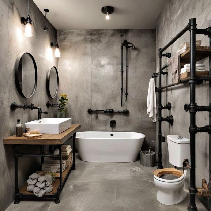 Industrial-style bathroom with gray walls, black plumbing fixtures, a white tub, and wooden shelving.