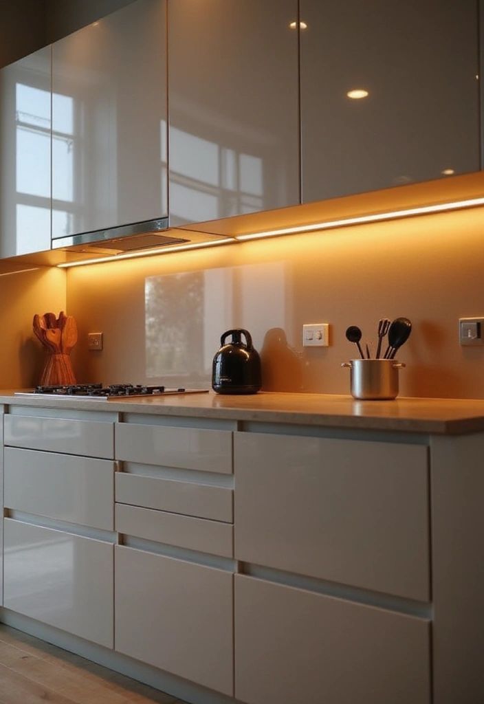 Modern kitchen with glossy gray cabinets, beige backsplash, and warm under-cabinet lighting.