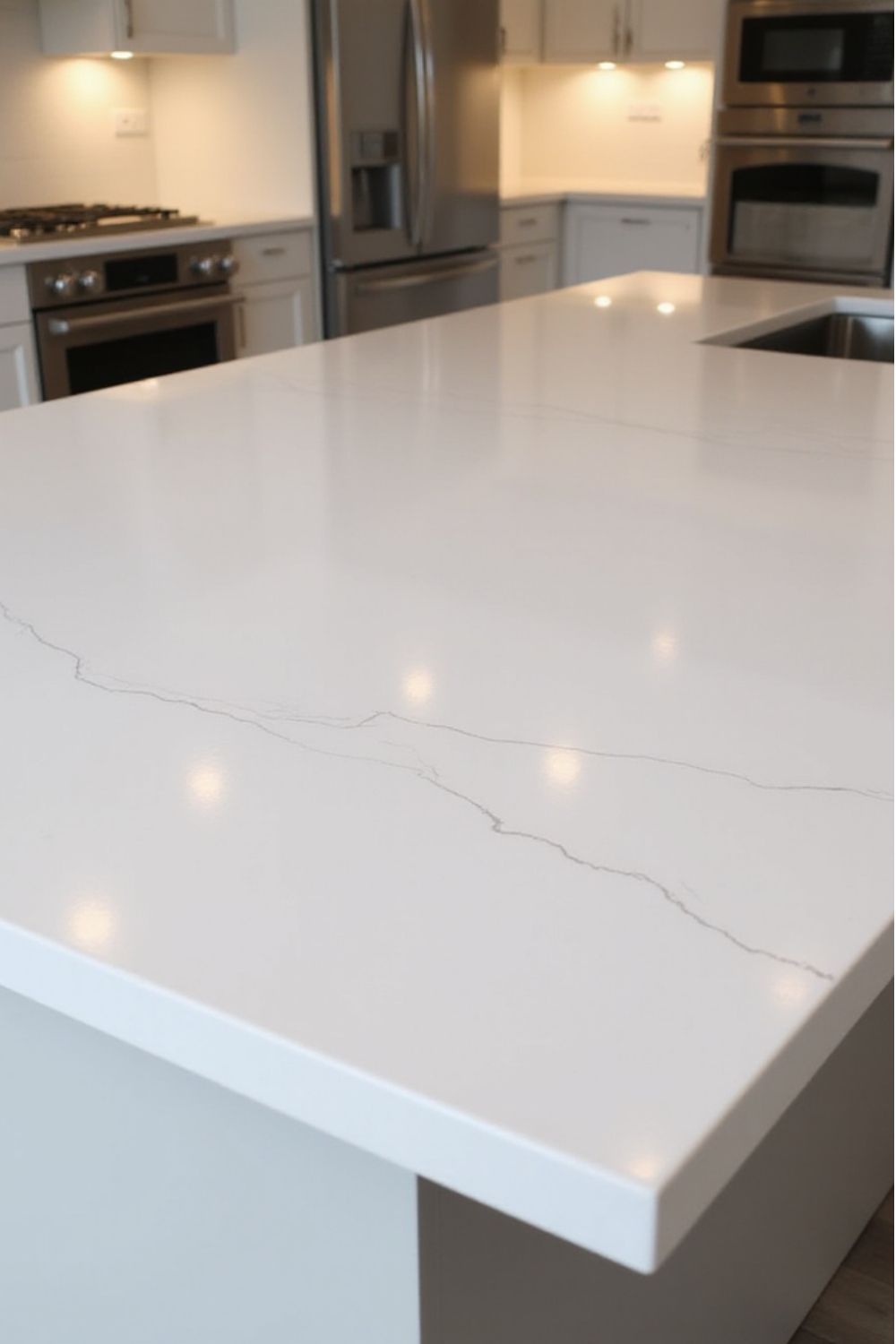 White kitchen countertop with veining detail.