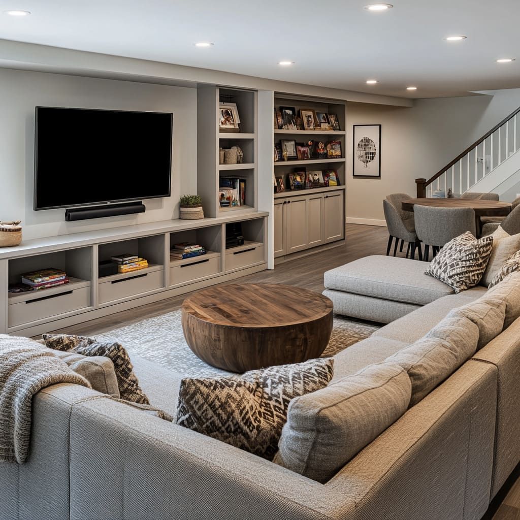 Cozy living room with grey sectional sofa, wooden coffee table, and built-in entertainment center with TV.