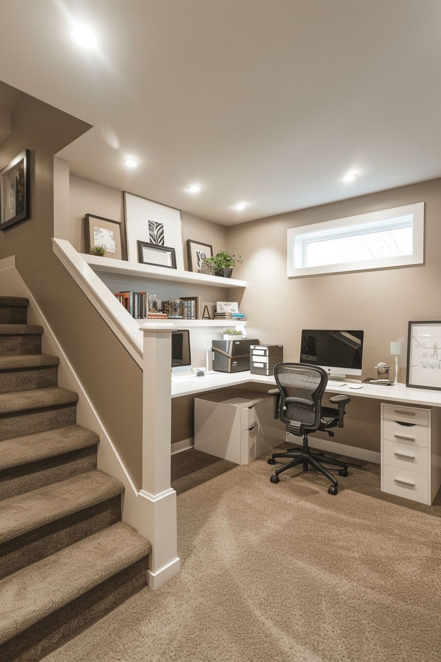Home office with desk, shelving, and stairs. Beige walls, carpet, and white desk.