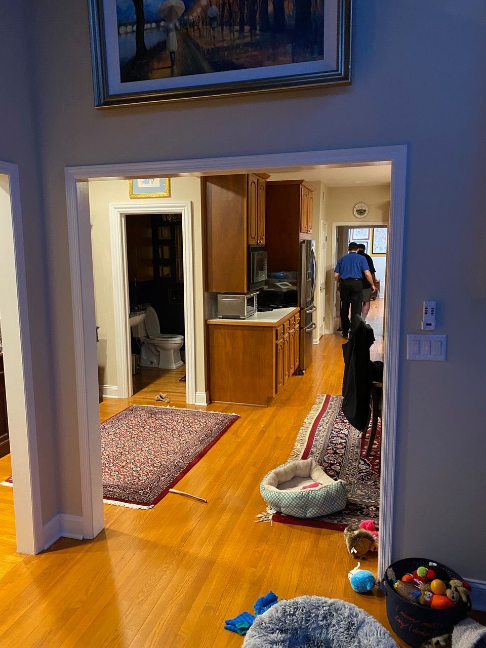 A view through doorways to kitchen, bathroom. Hardwood floors, rugs, cabinets. Person in blue shirt in the distance.