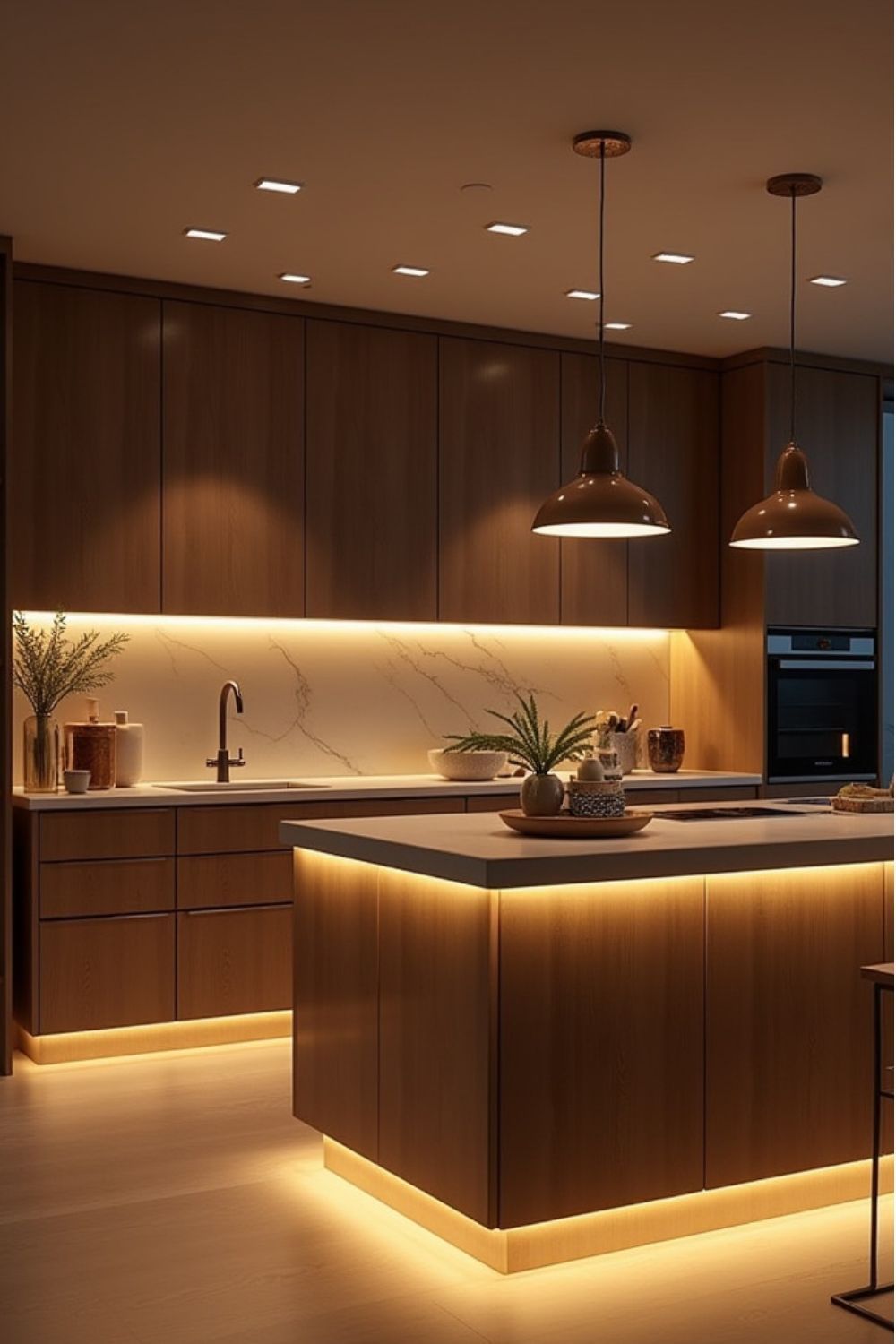 Modern kitchen with wood cabinets, island, and countertops, illuminated with warm lighting.