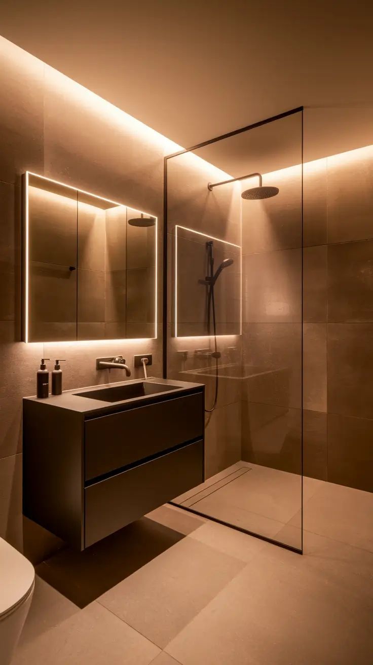 Modern bathroom with a floating vanity, walk-in shower, and warm lighting.