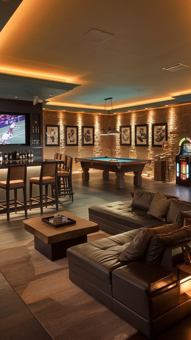 Game room with pool table, bar, seating, and exposed brick wall, lit by amber lighting.
