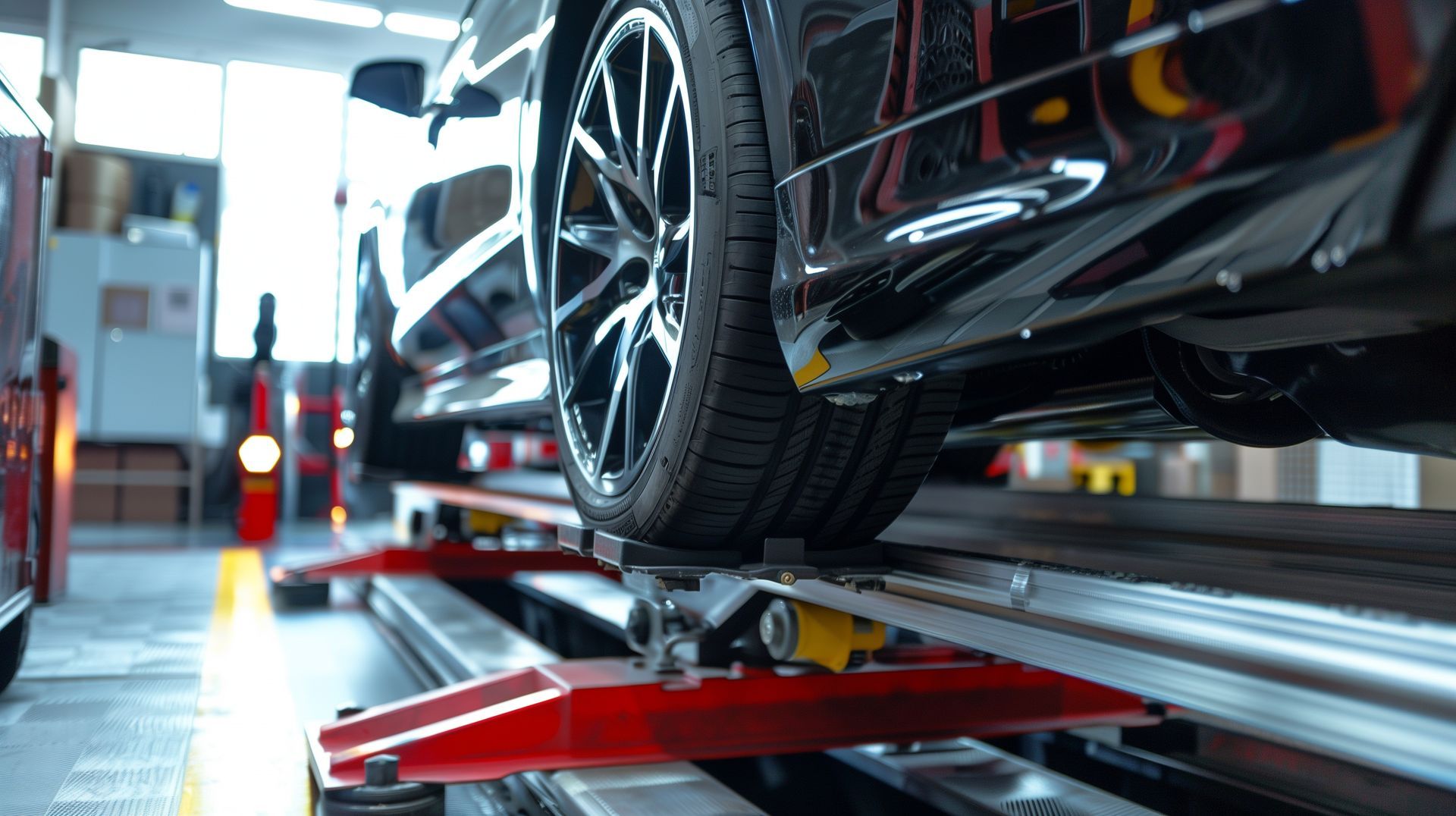 Car on a red lift in an auto repair shop, with a mechanic working underneath. | Randy Keach Auto Repair