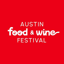 The logo for the austin food and wine festival is on a red background.