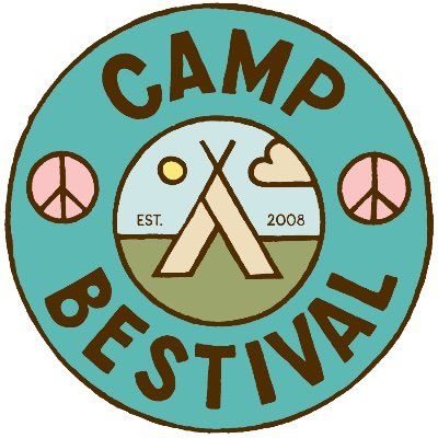 A camp festival logo with a tent and a peace sign