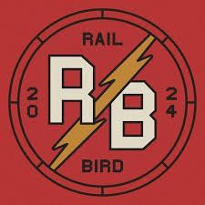 A logo for rail bird with a lightning bolt in a circle.