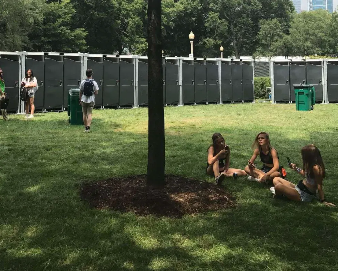 A group of women are sitting under a tree in a park. near sanitrax portable toilets