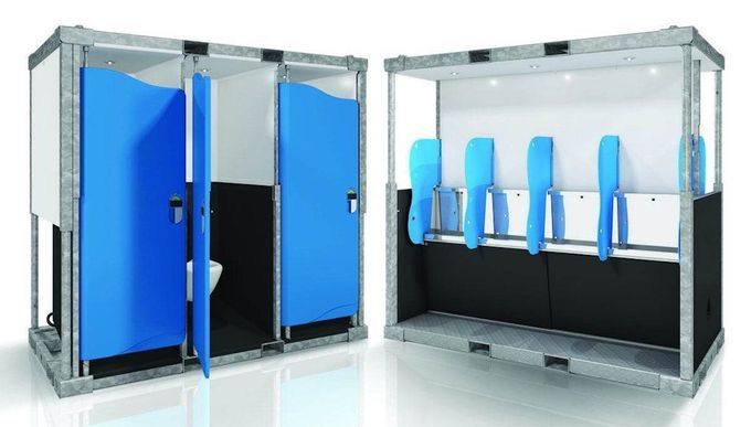 A bathroom stall with blue doors and a row of urinals. aeroflush sanitrax