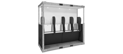 A display case with a glass door and a row of chairs inside of it.