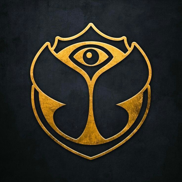 A gold and black logo with an eye in the center