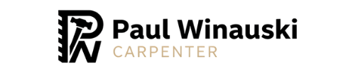 Logo of Paul Winauski Carpenter with initials P and W, in black, with text in black and tan.