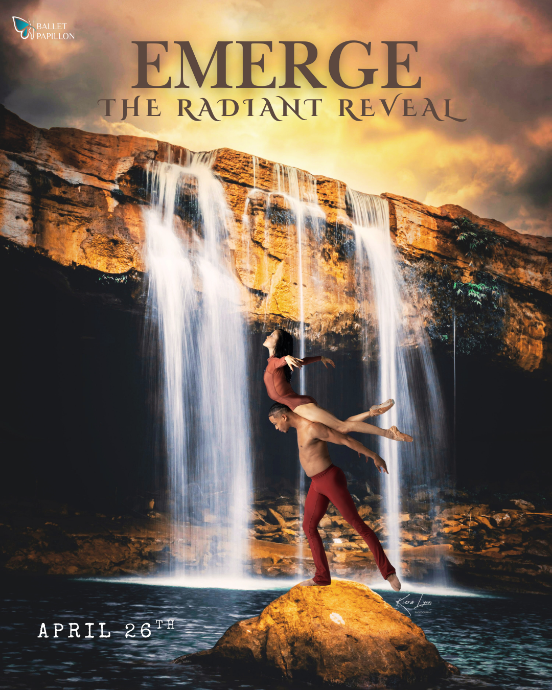 Two dancers in a lift pose in front of a waterfall. Poster reads 