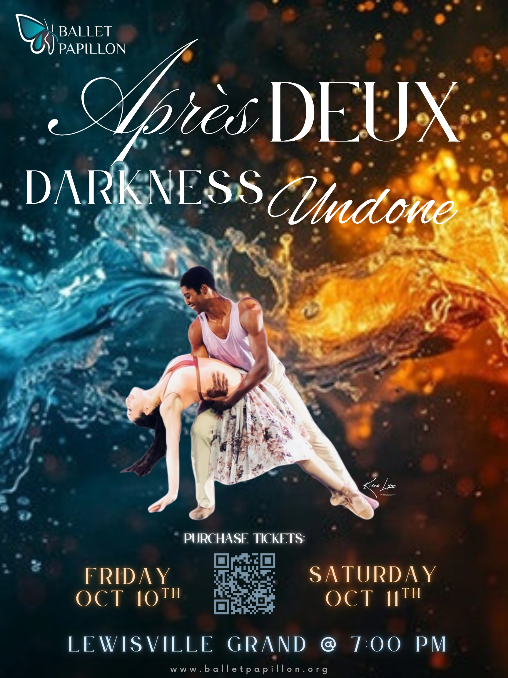 Dance show poster: couple in dance pose, blue and orange abstract background, dates October 10 & 11, Lewisville, Texas.