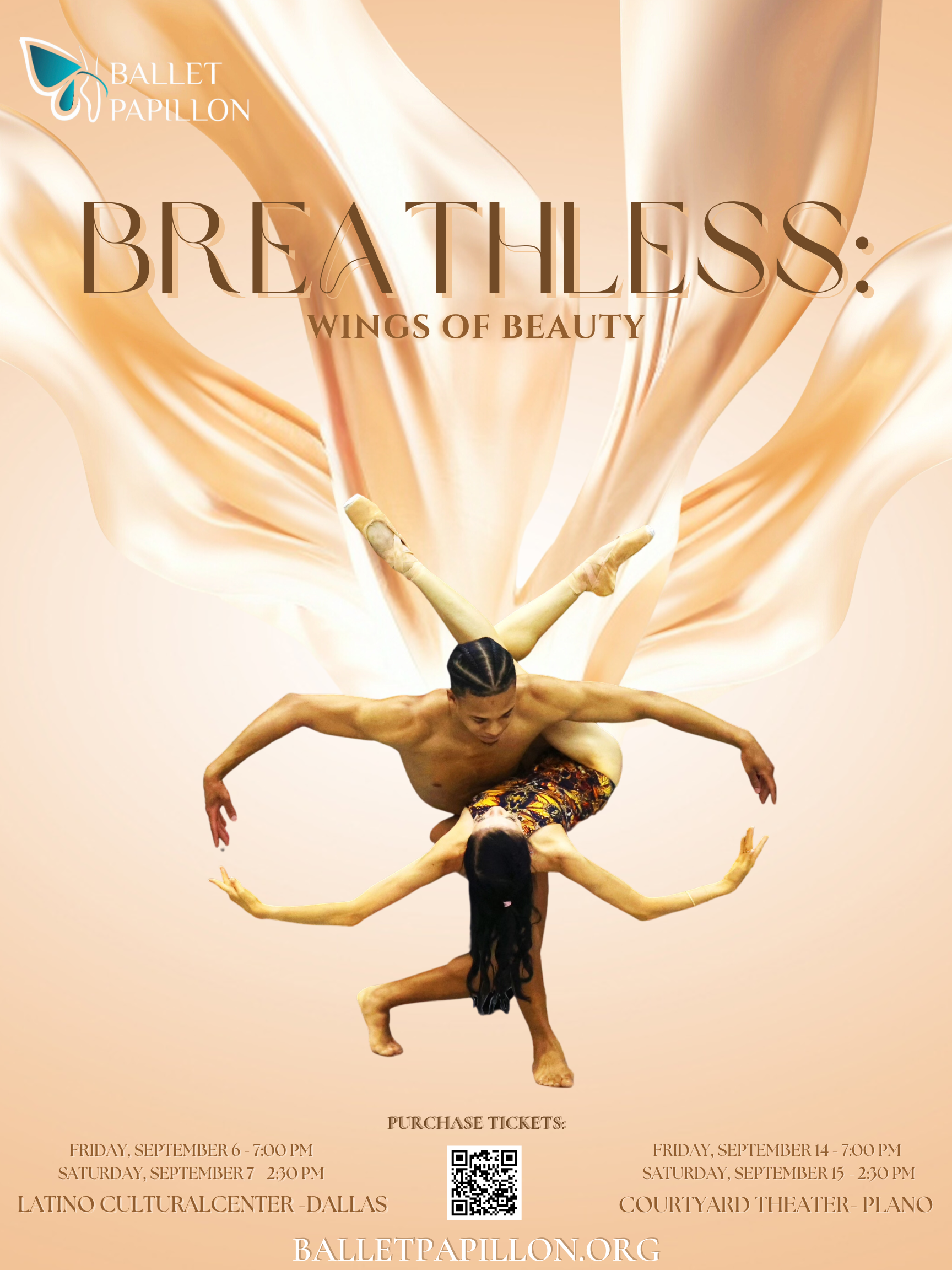 Ballet performance poster: male and female dancers in mid-air pose with fabric backdrop. Tan and beige colors.