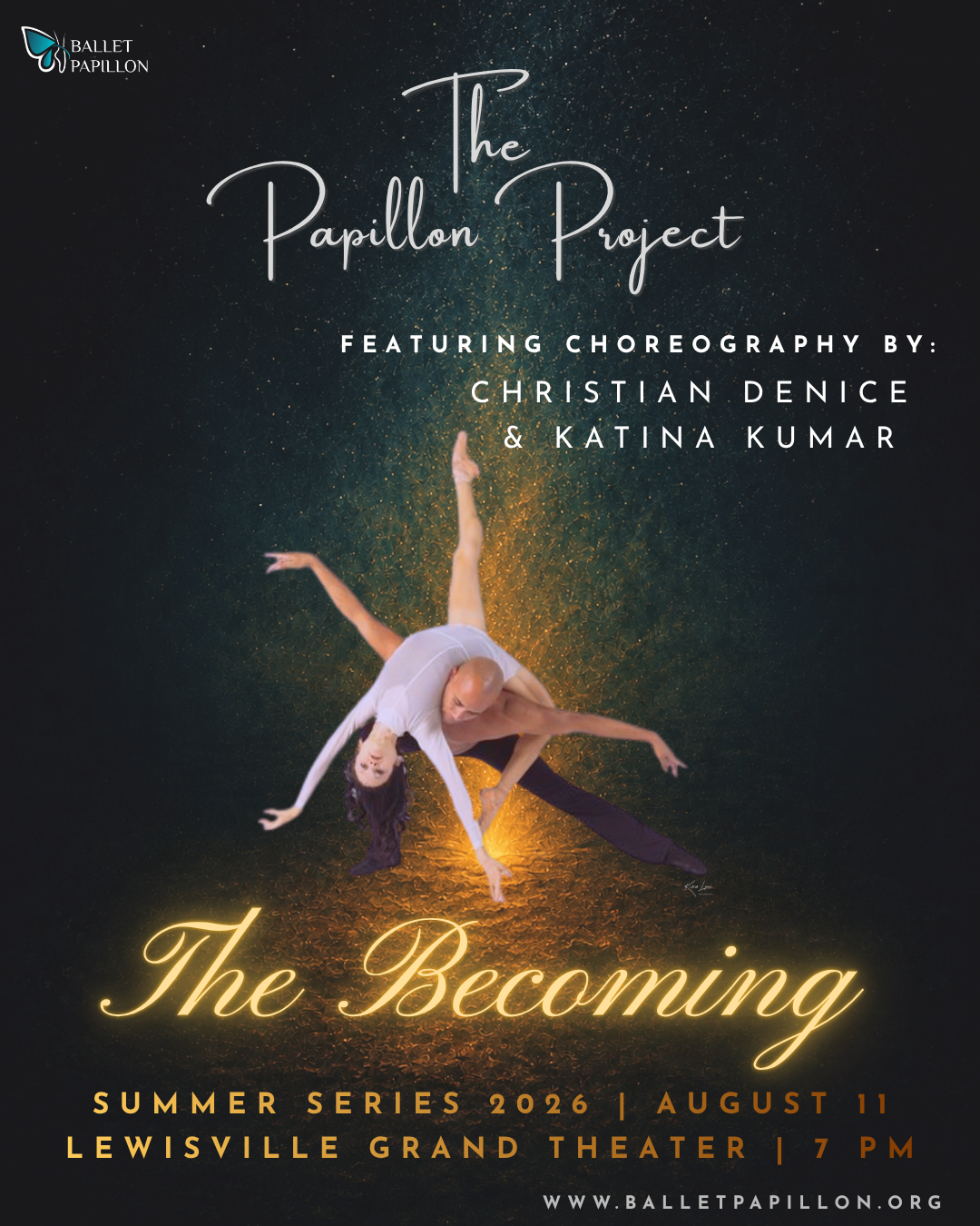 Dance poster for The Papillion Project, featuring a dancer in a pink costume under golden light on black background
