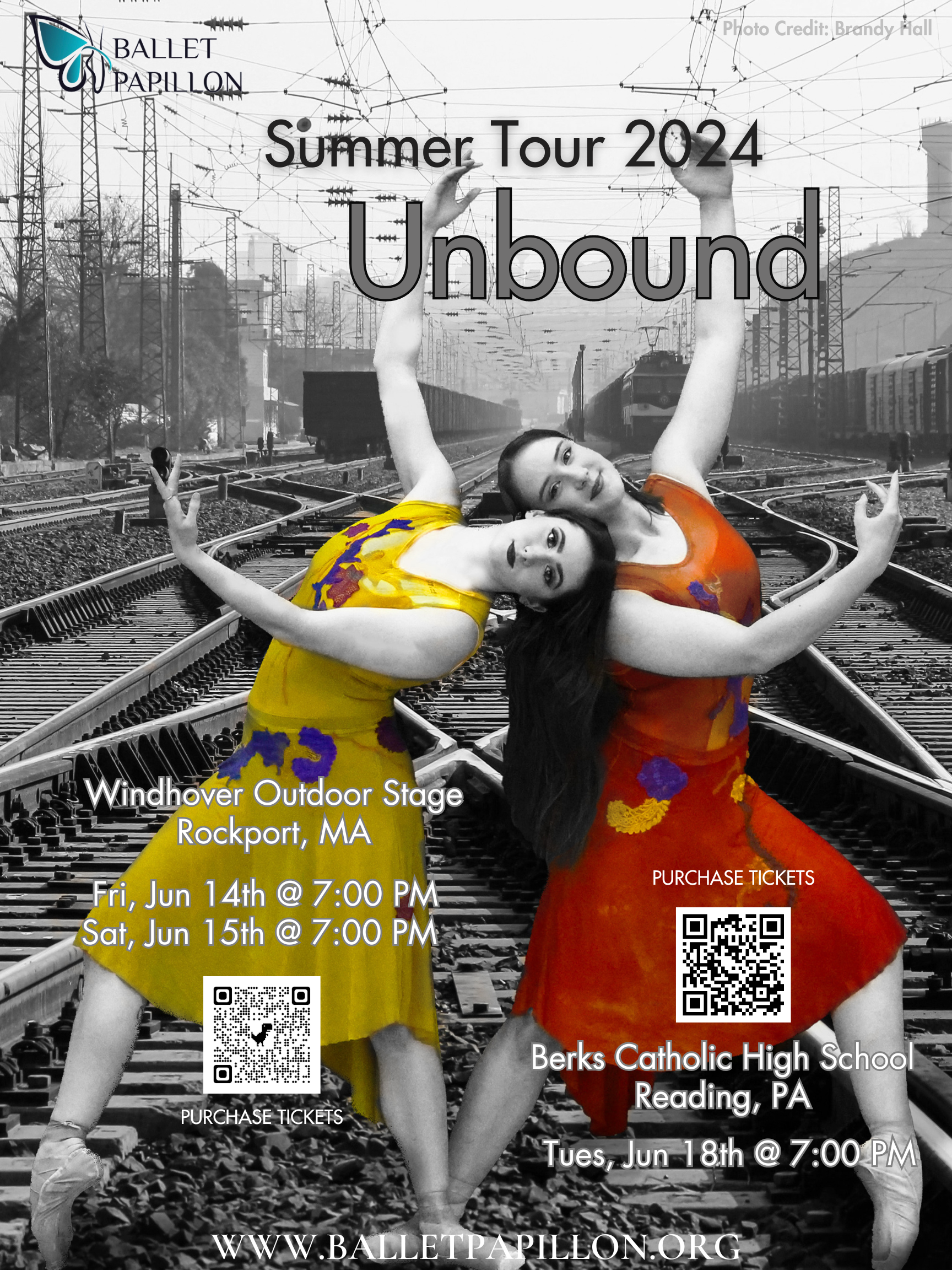 Poster: Two dancers in yellow and orange dresses on railroad tracks. 