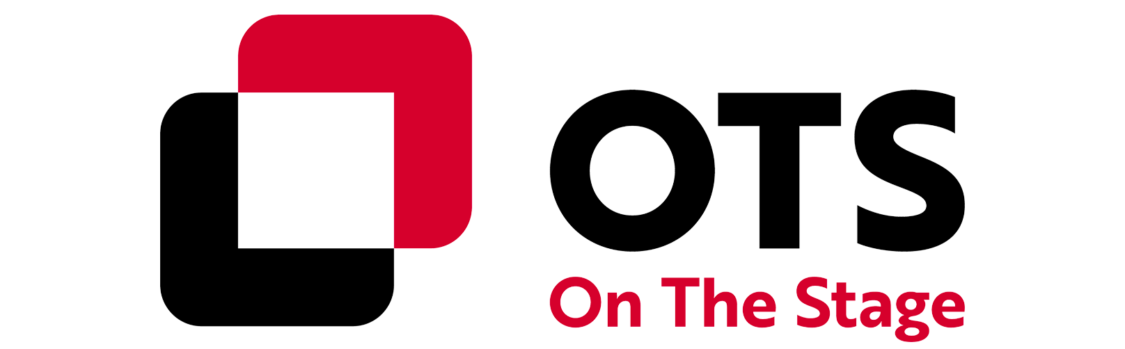 Logo for OTS On The Stage: black and red geometric shapes with the letters OTS in black and 