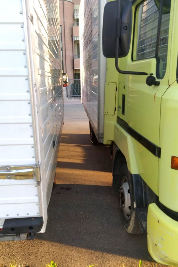 Un camion giallo è parcheggiato accanto a un camion bianco