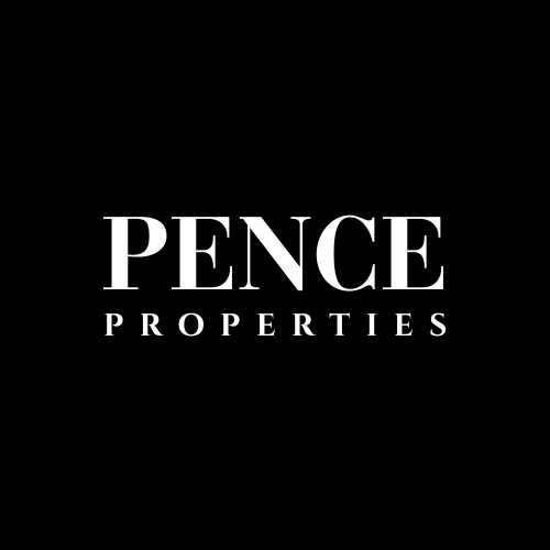 The logo for pence properties is white on a black background.