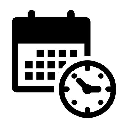 A black and white icon of a calendar and a clock.