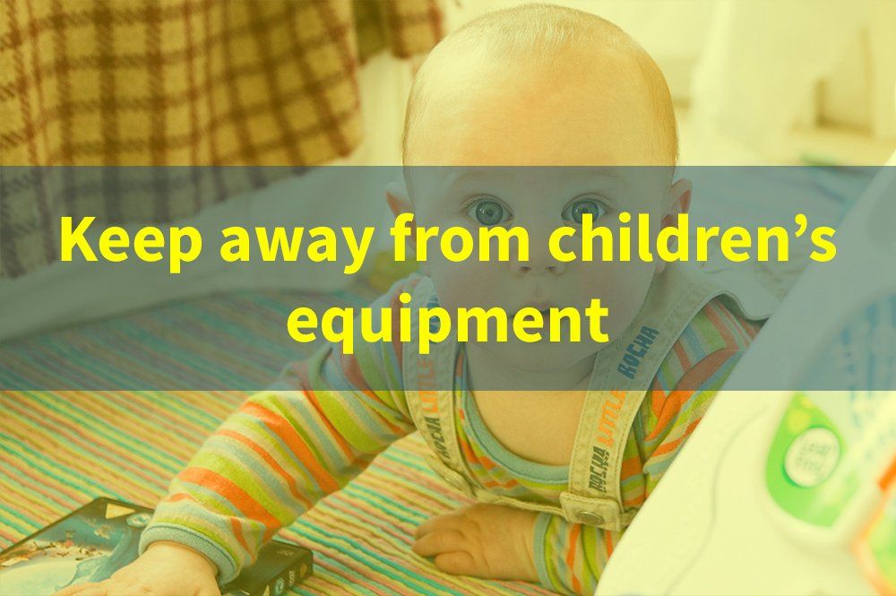 reminder to keep the blinds away from children's equipment