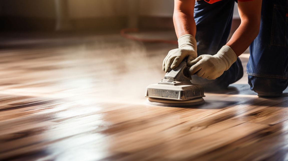 A person is sanding a wooden floor with a machine.