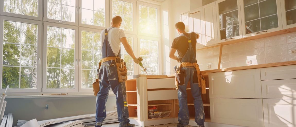 Two men are working on a kitchen in a house.