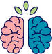 A pink and blue brain with leaves coming out of it.