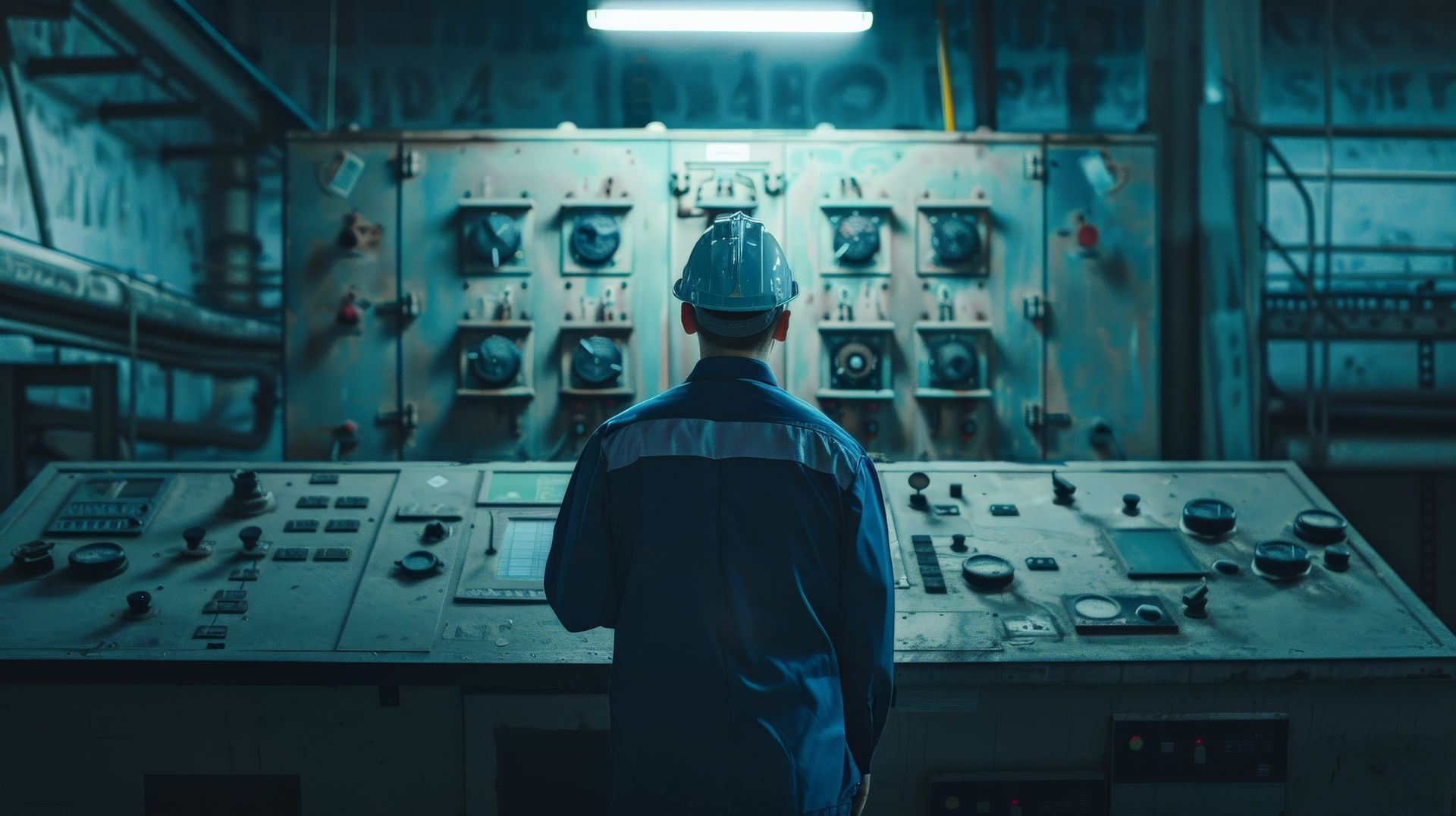 A man in a hard hat is standing in front of a control panel in a factory.