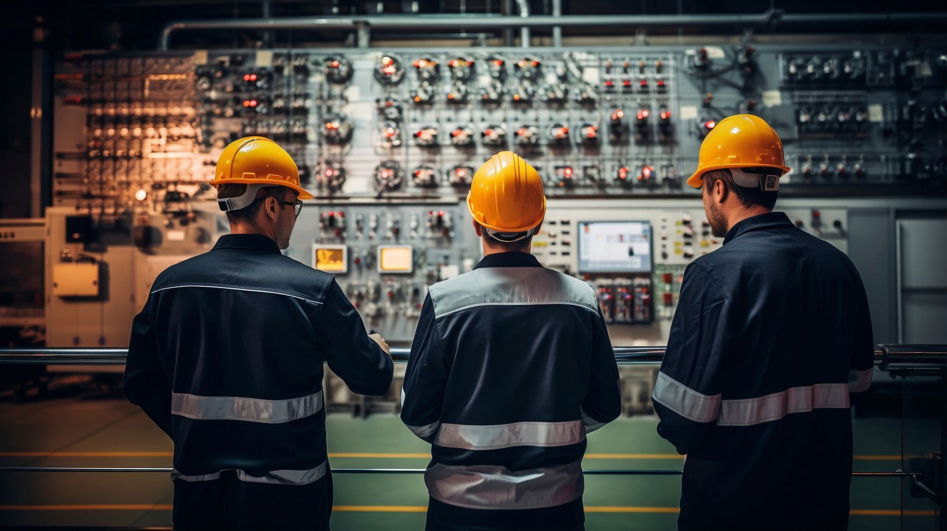 Three men wearing hard hats are standing in front of a control panel in a factory.