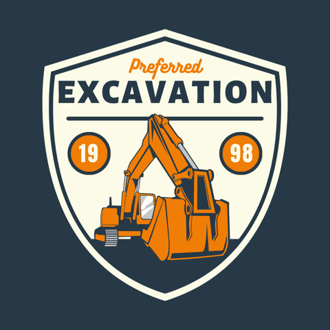 A logo for preferred excavation with an excavator on a shield.