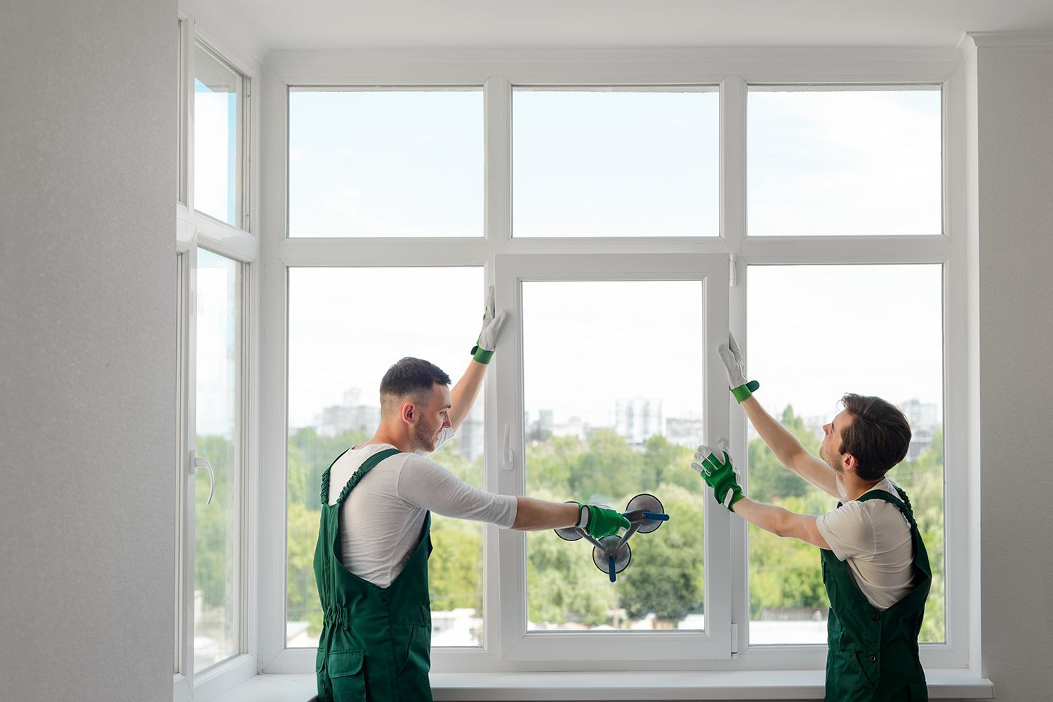 Two workers install a large window pane using suction cups and protective gloves.