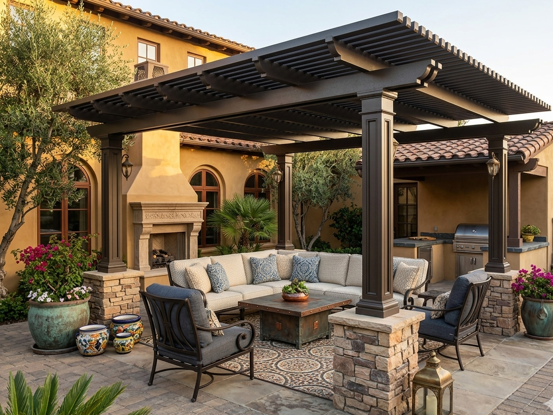 Cozy stone patio with pergola, cushioned seating, and potted plants beside a Mediterranean-style house