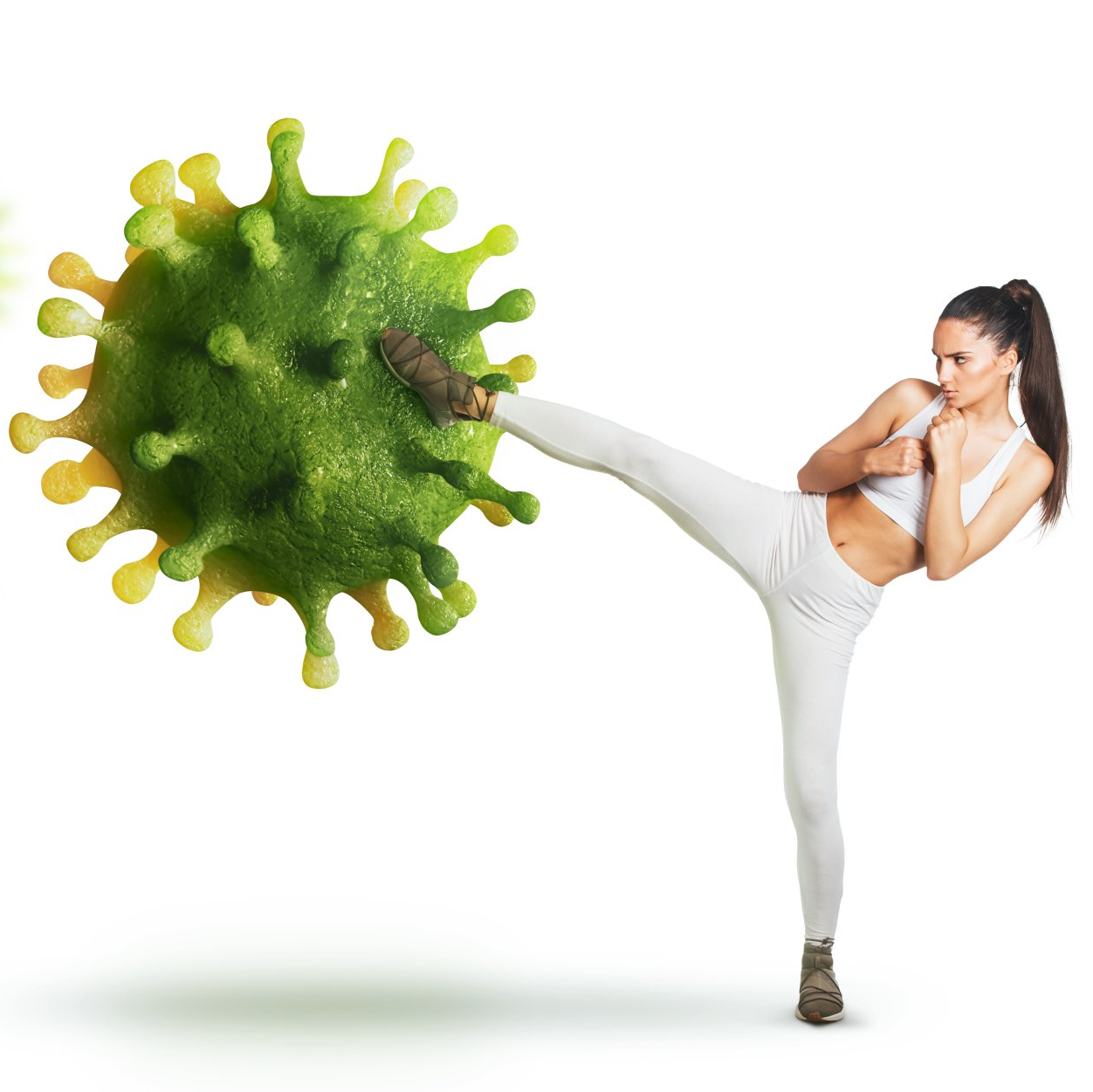 Picture of a women kicking away germs, representing the positve affects that chiropractic care has on our immune systems