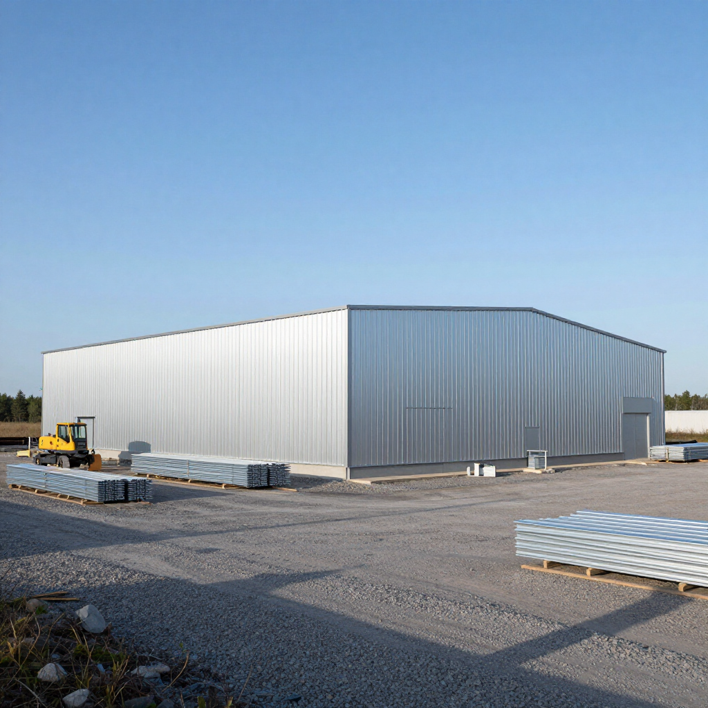 Large silver metal warehouse under construction on a gravel lot with stacked building materials and a forklift