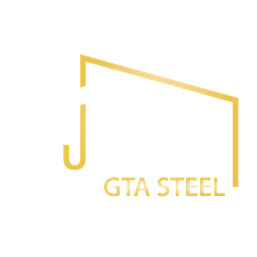 A gold and white logo for a company called gta steel