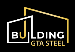 The logo for building gta steel is white and gold on a black background.