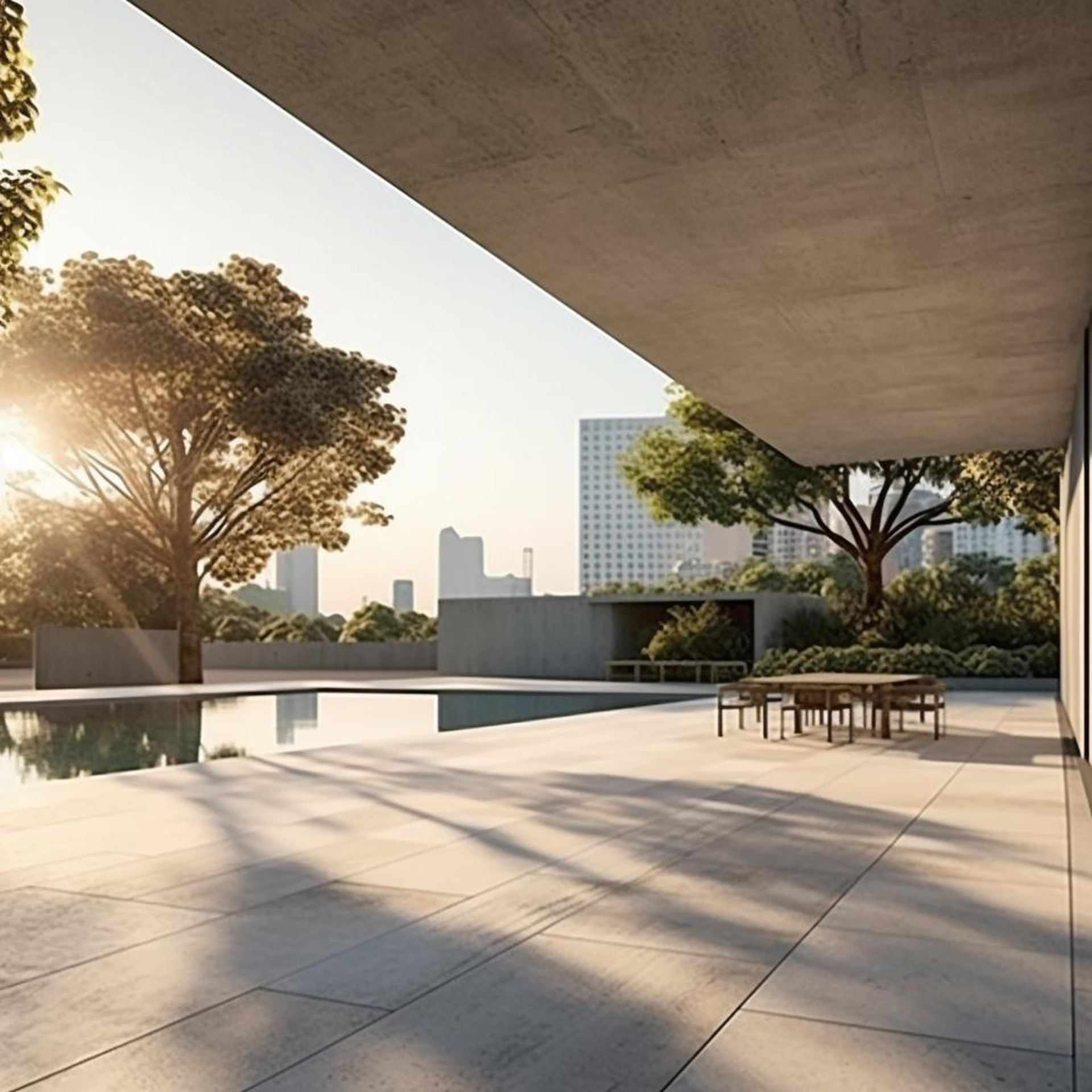 A patio with a table and chairs next to a pool