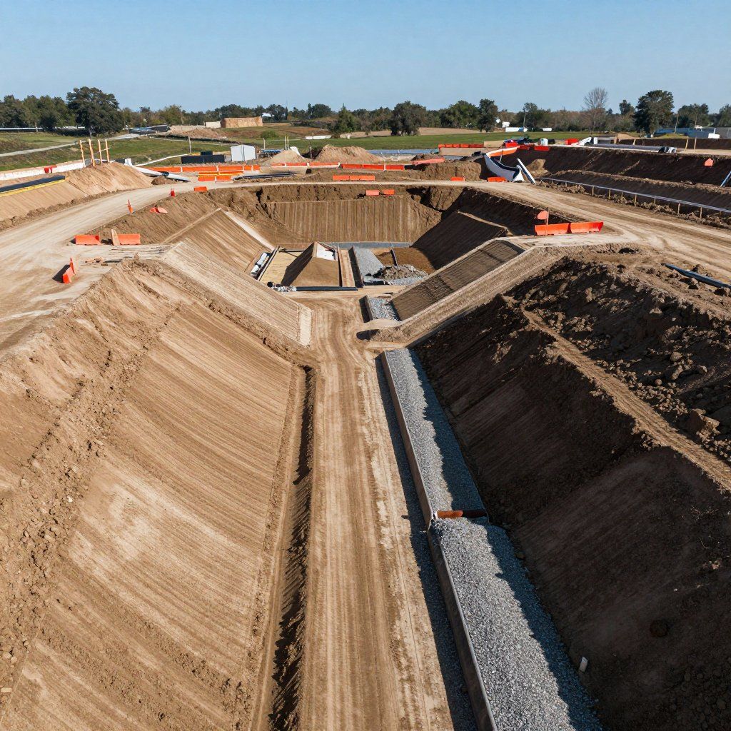 Construction site with large excavated areas, trenches, and retaining walls under a blue sky.